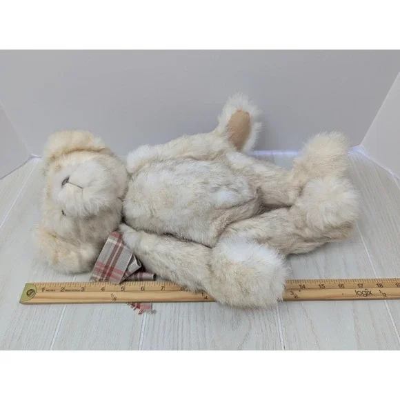 Johnson's Plush real fur cream jointed teddy bear tan pawpads plaid bow READ - Picture 2 of 11
